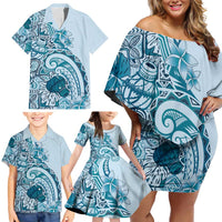Aloha Hawaii Tapa Family Matching Off Shoulder Short Dress and Hawaiian Shirt Cool Turquoise Hawaiian Ipu LT7 - Polynesian Pride