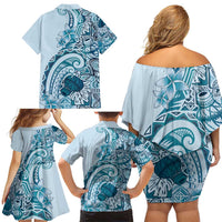 Aloha Hawaii Tapa Family Matching Off Shoulder Short Dress and Hawaiian Shirt Cool Turquoise Hawaiian Ipu LT7 - Polynesian Pride