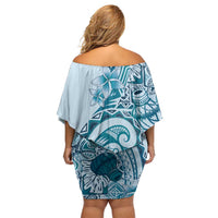 Aloha Hawaii Tapa Family Matching Off Shoulder Short Dress and Hawaiian Shirt Cool Turquoise Hawaiian Ipu LT7 - Polynesian Pride
