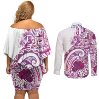 Aloha Hawaii Tapa Couples Matching Off Shoulder Short Dress and Long Sleeve Button Shirt Vibrant Fuchsia Hawaiian Ipu LT7 - Polynesian Pride