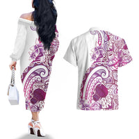Aloha Hawaii Tapa Couples Matching Off The Shoulder Long Sleeve Dress and Hawaiian Shirt Vibrant Fuchsia Hawaiian Ipu LT7 - Polynesian Pride