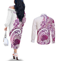 Aloha Hawaii Tapa Couples Matching Off The Shoulder Long Sleeve Dress and Long Sleeve Button Shirt Vibrant Fuchsia Hawaiian Ipu LT7 - Polynesian Pride