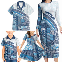 Samoa Mamanu Siapo Royal Blue Family Matching Long Sleeve Bodycon Dress and Hawaiian Shirt Tatau Malie LT7 - Polynesian Pride