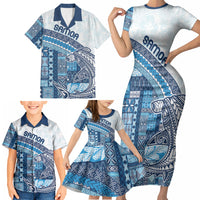 Samoa Mamanu Siapo Royal Blue Family Matching Short Sleeve Bodycon Dress and Hawaiian Shirt Tatau Malie LT7 - Polynesian Pride