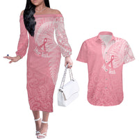Personalised New Zealand Couples Matching Off The Shoulder Long Sleeve Dress and Hawaiian Shirt Pink Ribbon Tattoo Mix Silver Fern LT7 Pink - Polynesian Pride