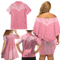 Personalised New Zealand Family Matching Off Shoulder Short Dress and Hawaiian Shirt Pink Ribbon Tattoo Mix Silver Fern LT7 - Polynesian Pride
