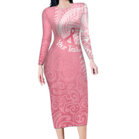 Personalised New Zealand Long Sleeve Bodycon Dress Pink Ribbon Tattoo Mix Silver Fern LT7 Long Dress Pink - Polynesian Pride
