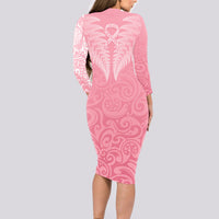 Personalised New Zealand Long Sleeve Bodycon Dress Pink Ribbon Tattoo Mix Silver Fern LT7 - Polynesian Pride