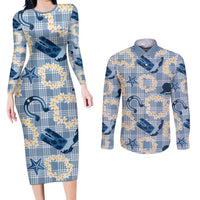 Aloha Hawaii Paniolo Jeans Palaka Couples Matching Long Sleeve Bodycon Dress and Long Sleeve Button Shirt Coastal Rodeo LT7 Pastel Blue - Polynesian Pride