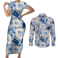 Aloha Hawaii Paniolo Jeans Palaka Couples Matching Short Sleeve Bodycon Dress and Long Sleeve Button Shirt Coastal Rodeo LT7 Pastel Blue - Polynesian Pride