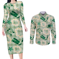 Aloha Hawaii Paniolo Mint Palaka Couples Matching Long Sleeve Bodycon Dress and Long Sleeve Button Shirt Coastal Rodeo LT7 Mint - Polynesian Pride