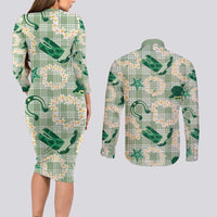 Aloha Hawaii Paniolo Mint Palaka Couples Matching Long Sleeve Bodycon Dress and Long Sleeve Button Shirt Coastal Rodeo LT7 - Polynesian Pride