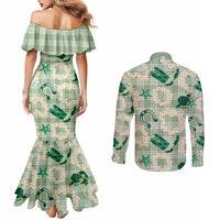 Aloha Hawaii Paniolo Mint Palaka Couples Matching Mermaid Dress and Long Sleeve Button Shirt Coastal Rodeo LT7 - Polynesian Pride