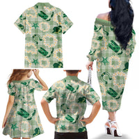 Aloha Hawaii Paniolo Mint Palaka Family Matching Off The Shoulder Long Sleeve Dress and Hawaiian Shirt Coastal Rodeo LT7 - Polynesian Pride