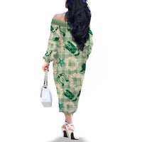 Aloha Hawaii Paniolo Mint Palaka Family Matching Off The Shoulder Long Sleeve Dress and Hawaiian Shirt Coastal Rodeo LT7 - Polynesian Pride