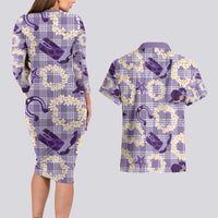 Aloha Hawaii Paniolo Lavender Palaka Couples Matching Long Sleeve Bodycon Dress and Hawaiian Shirt Coastal Rodeo LT7 - Polynesian Pride