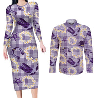 Aloha Hawaii Paniolo Lavender Palaka Couples Matching Long Sleeve Bodycon Dress and Long Sleeve Button Shirt Coastal Rodeo LT7 Lavender - Polynesian Pride
