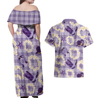 Aloha Hawaii Paniolo Lavender Palaka Couples Matching Off Shoulder Maxi Dress and Hawaiian Shirt Coastal Rodeo LT7 - Polynesian Pride