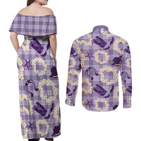 Aloha Hawaii Paniolo Lavender Palaka Couples Matching Off Shoulder Maxi Dress and Long Sleeve Button Shirt Coastal Rodeo LT7 - Polynesian Pride