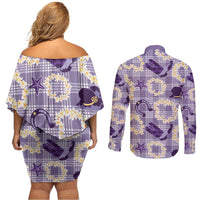 Aloha Hawaii Paniolo Lavender Palaka Couples Matching Off Shoulder Short Dress and Long Sleeve Button Shirt Coastal Rodeo LT7 - Polynesian Pride