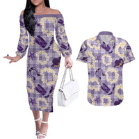 Aloha Hawaii Paniolo Lavender Palaka Couples Matching Off The Shoulder Long Sleeve Dress and Hawaiian Shirt Coastal Rodeo LT7 Lavender - Polynesian Pride