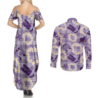 Aloha Hawaii Paniolo Lavender Palaka Couples Matching Summer Maxi Dress and Long Sleeve Button Shirt Coastal Rodeo LT7 - Polynesian Pride