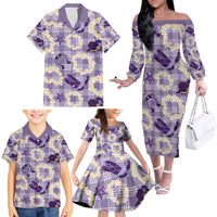 Aloha Hawaii Paniolo Lavender Palaka Family Matching Off The Shoulder Long Sleeve Dress and Hawaiian Shirt Coastal Rodeo LT7 - Polynesian Pride