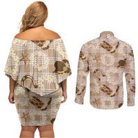 Aloha Hawaii Paniolo Khaki Palaka Couples Matching Off Shoulder Short Dress and Long Sleeve Button Shirt Coastal Rodeo LT7 - Polynesian Pride
