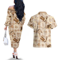 Aloha Hawaii Paniolo Khaki Palaka Couples Matching Off The Shoulder Long Sleeve Dress and Hawaiian Shirt Coastal Rodeo LT7 - Polynesian Pride