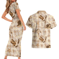 Aloha Hawaii Paniolo Khaki Palaka Couples Matching Short Sleeve Bodycon Dress and Hawaiian Shirt Coastal Rodeo LT7 - Polynesian Pride