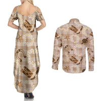 Aloha Hawaii Paniolo Khaki Palaka Couples Matching Summer Maxi Dress and Long Sleeve Button Shirt Coastal Rodeo LT7 - Polynesian Pride