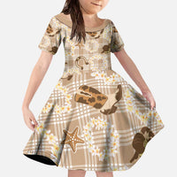Aloha Hawaii Paniolo Khaki Palaka Family Matching Off The Shoulder Long Sleeve Dress and Hawaiian Shirt Coastal Rodeo LT7 Daughter's Dress Khaki - Polynesian Pride
