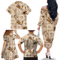 Aloha Hawaii Paniolo Khaki Palaka Family Matching Off The Shoulder Long Sleeve Dress and Hawaiian Shirt Coastal Rodeo LT7 - Polynesian Pride