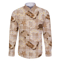 Aloha Hawaii Paniolo Khaki Palaka Family Matching Off The Shoulder Long Sleeve Dress and Hawaiian Shirt Coastal Rodeo LT7 Dad's Shirt - Long Sleeve Khaki - Polynesian Pride