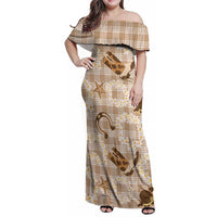Aloha Hawaii Paniolo Khaki Palaka Family Matching Off Shoulder Maxi Dress and Hawaiian Shirt Coastal Rodeo LT7 Mom's Dress Khaki - Polynesian Pride