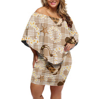 Aloha Hawaii Paniolo Khaki Palaka Family Matching Off Shoulder Short Dress and Hawaiian Shirt Coastal Rodeo LT7 Mom's Dress Khaki - Polynesian Pride