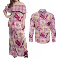 Aloha Hawaii Paniolo Lokelani Rose Palaka Couples Matching Off Shoulder Maxi Dress and Long Sleeve Button Shirt Coastal Rodeo LT7 Rose Pink - Polynesian Pride