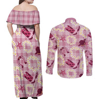 Aloha Hawaii Paniolo Lokelani Rose Palaka Couples Matching Off Shoulder Maxi Dress and Long Sleeve Button Shirt Coastal Rodeo LT7 - Polynesian Pride