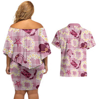 Aloha Hawaii Paniolo Lokelani Rose Palaka Couples Matching Off Shoulder Short Dress and Hawaiian Shirt Coastal Rodeo LT7 - Polynesian Pride