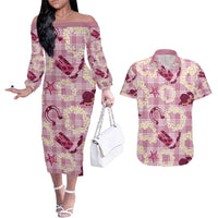 Aloha Hawaii Paniolo Lokelani Rose Palaka Couples Matching Off The Shoulder Long Sleeve Dress and Hawaiian Shirt Coastal Rodeo LT7 Rose Pink - Polynesian Pride