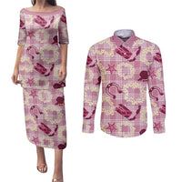 Aloha Hawaii Paniolo Lokelani Rose Palaka Couples Matching Puletasi and Long Sleeve Button Shirt Coastal Rodeo LT7 Rose Pink - Polynesian Pride