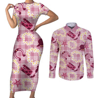 Aloha Hawaii Paniolo Lokelani Rose Palaka Couples Matching Short Sleeve Bodycon Dress and Long Sleeve Button Shirt Coastal Rodeo LT7 Rose Pink - Polynesian Pride