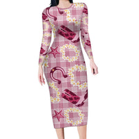 Aloha Hawaii Paniolo Lokelani Rose Palaka Long Sleeve Bodycon Dress Coastal Rodeo LT7 Long Dress Rose Pink - Polynesian Pride