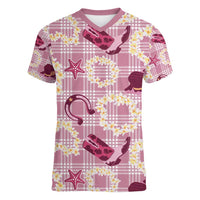 Aloha Hawaii Paniolo Lokelani Rose Palaka Women V-Neck T-Shirt Coastal Rodeo LT7 Female Rose Pink - Polynesian Pride