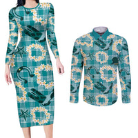 Aloha Hawaii Paniolo Teal Palaka Couples Matching Long Sleeve Bodycon Dress and Long Sleeve Button Shirt Coastal Rodeo LT7 Teal - Polynesian Pride
