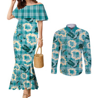 Aloha Hawaii Paniolo Teal Palaka Couples Matching Mermaid Dress and Long Sleeve Button Shirt Coastal Rodeo LT7 Teal - Polynesian Pride