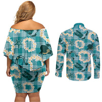 Aloha Hawaii Paniolo Teal Palaka Couples Matching Off Shoulder Short Dress and Long Sleeve Button Shirt Coastal Rodeo LT7 - Polynesian Pride