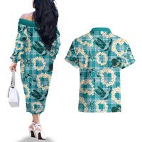 Aloha Hawaii Paniolo Teal Palaka Couples Matching Off The Shoulder Long Sleeve Dress and Hawaiian Shirt Coastal Rodeo LT7 - Polynesian Pride