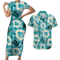 Aloha Hawaii Paniolo Teal Palaka Couples Matching Short Sleeve Bodycon Dress and Hawaiian Shirt Coastal Rodeo LT7 Teal - Polynesian Pride