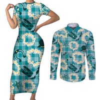 Aloha Hawaii Paniolo Teal Palaka Couples Matching Short Sleeve Bodycon Dress and Long Sleeve Button Shirt Coastal Rodeo LT7 Teal - Polynesian Pride